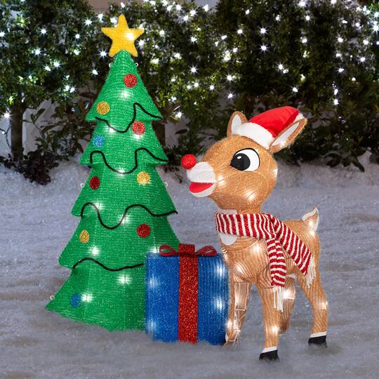 35" Rudolph Scene with Tree & Presents 3D Holiday Lighted Tinsel Sculpture Christmas Décor